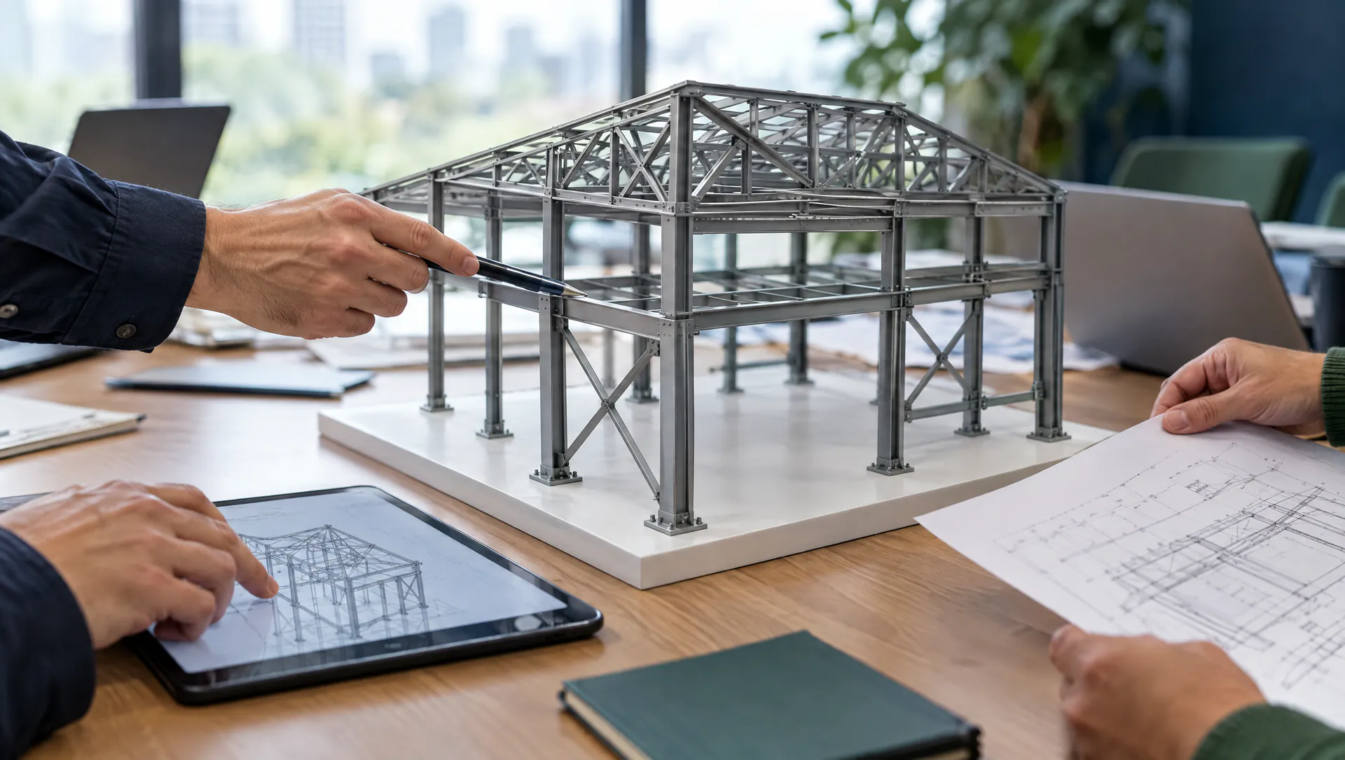 Toplantı masasında çelik yapı maketi üzerinde çalışan eller