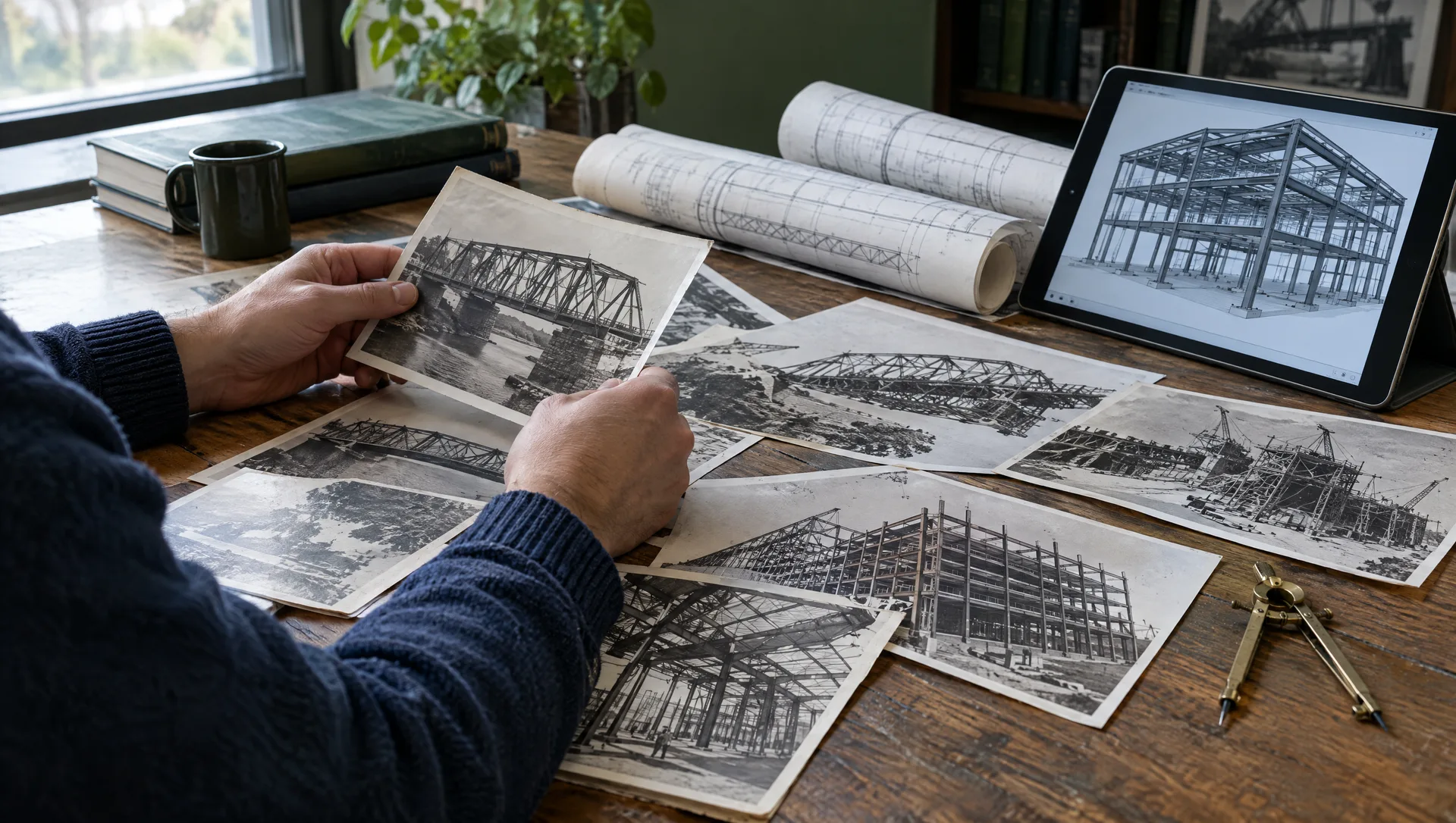 Masada eski çelik köprü fotoğrafları, teknik çizimler ve çelik yapı modeli gösteren tablet