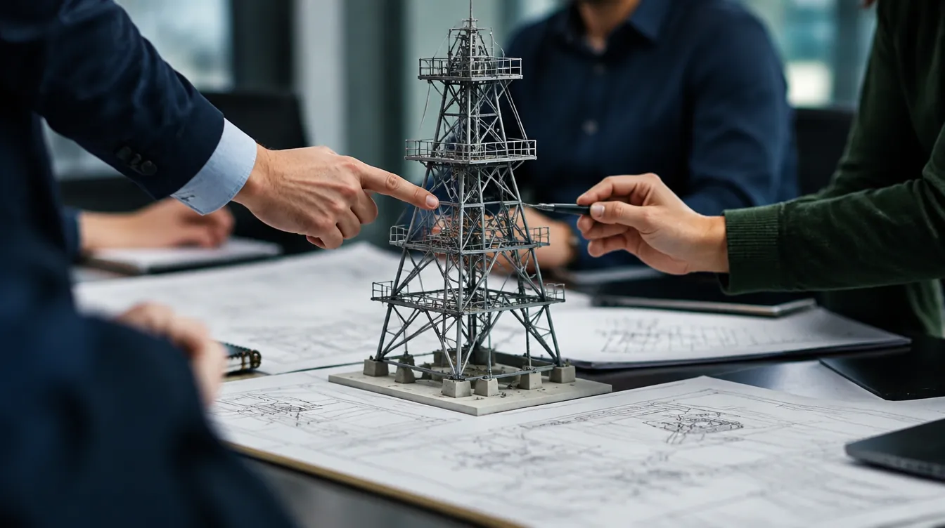 Toplantı masasında çelik kule maketi ve teknik çizimler üzerinde çalışan eller